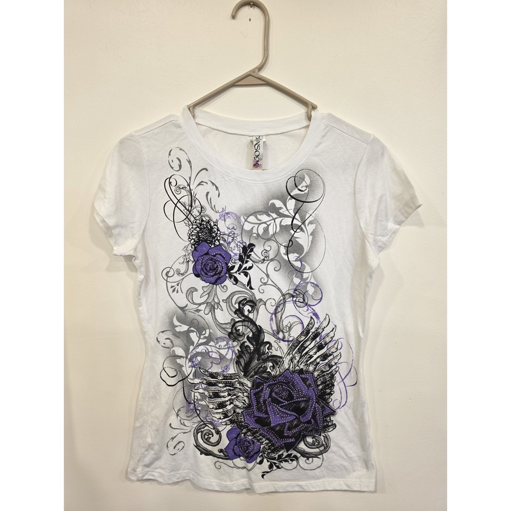 Vintage Y2K Ransom Grunge Graphic T-Shirt Size XL Purple Roses Punk Edgy